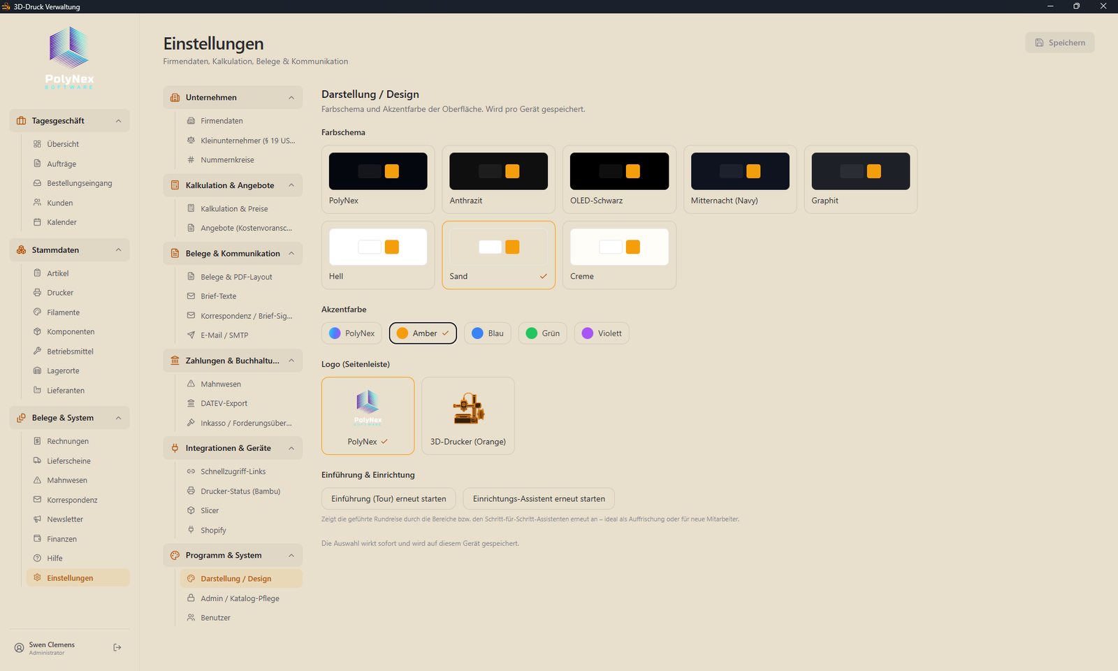 Umschaltbares Design: Sand-Theme mit Amber-Akzent